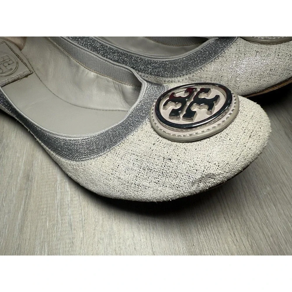 Tory Burch Ballet Flats White Glitter Embellished Logo Women Size 8M